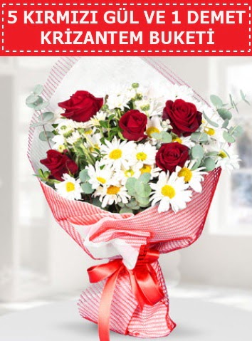 5 adet kırmızı gül ve krizantem buketi  Kars hediye sevgilime hediye çiçek 